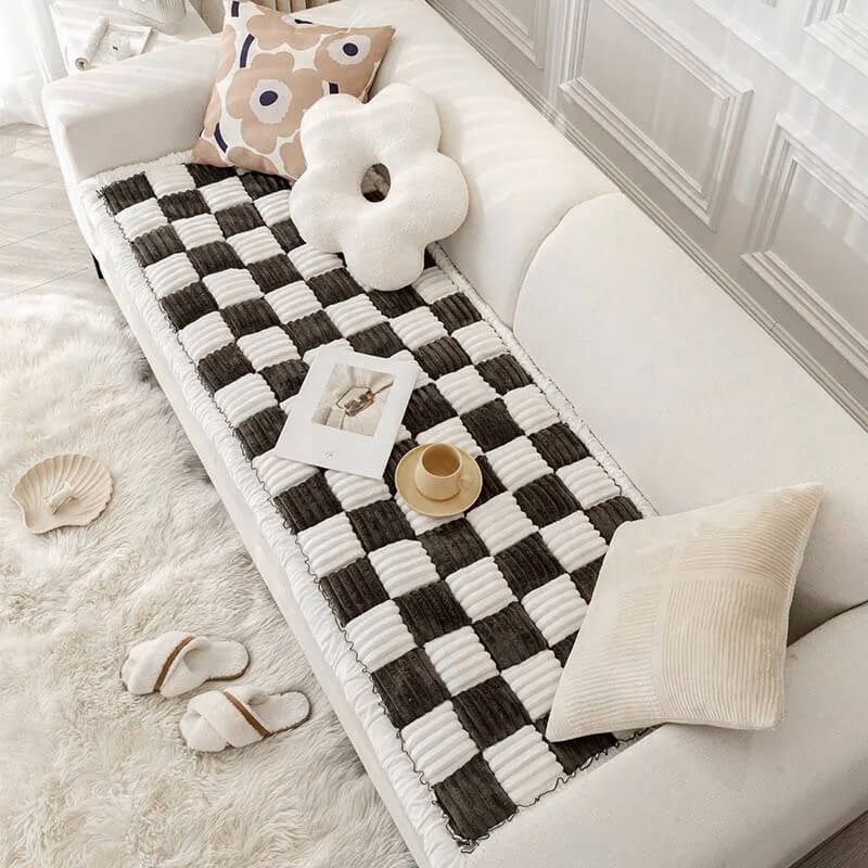 Cream-coloured Large Plaid Square Pet Carpet Bed Sofa Cover - Image 11