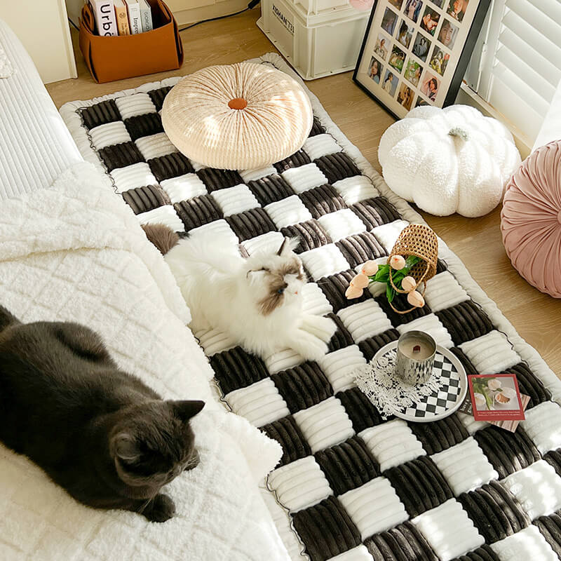 Cream-coloured Large Plaid Square Pet Carpet Bed Sofa Cover - Image 13