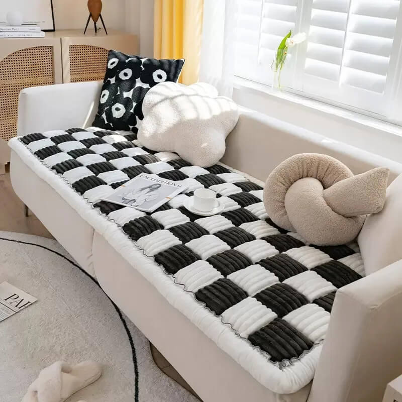 Cream-coloured Large Plaid Square Pet Carpet Bed Sofa Cover - Image 2
