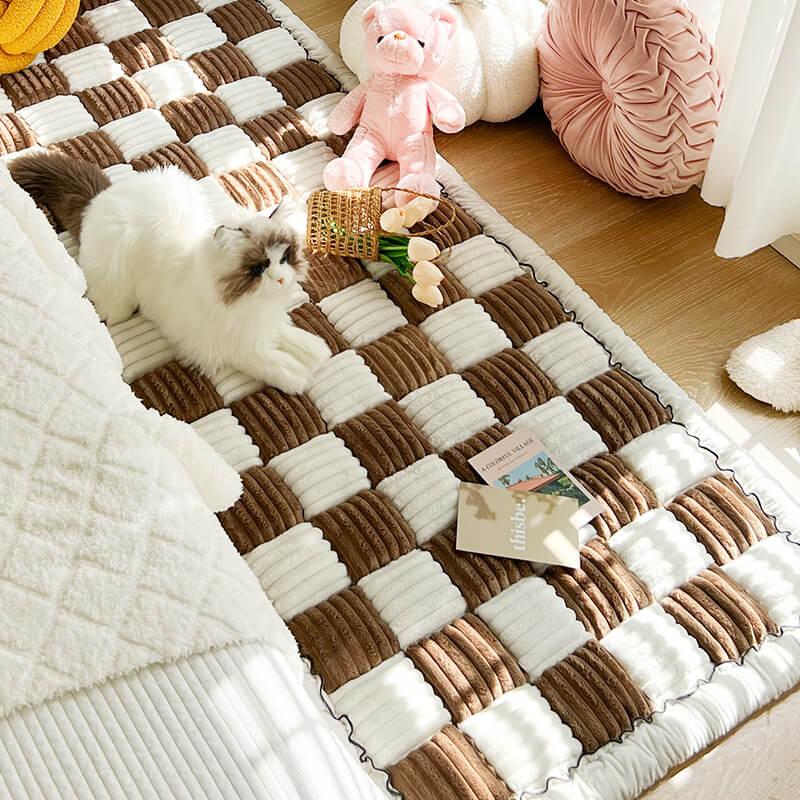 Cream-coloured Large Plaid Square Pet Carpet Bed Sofa Cover - Image 7
