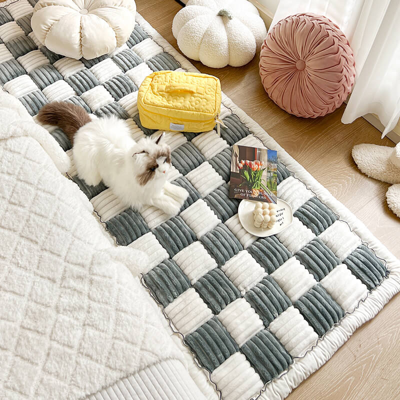 Cream-coloured Large Plaid Square Pet Carpet Bed Sofa Cover - Image 8