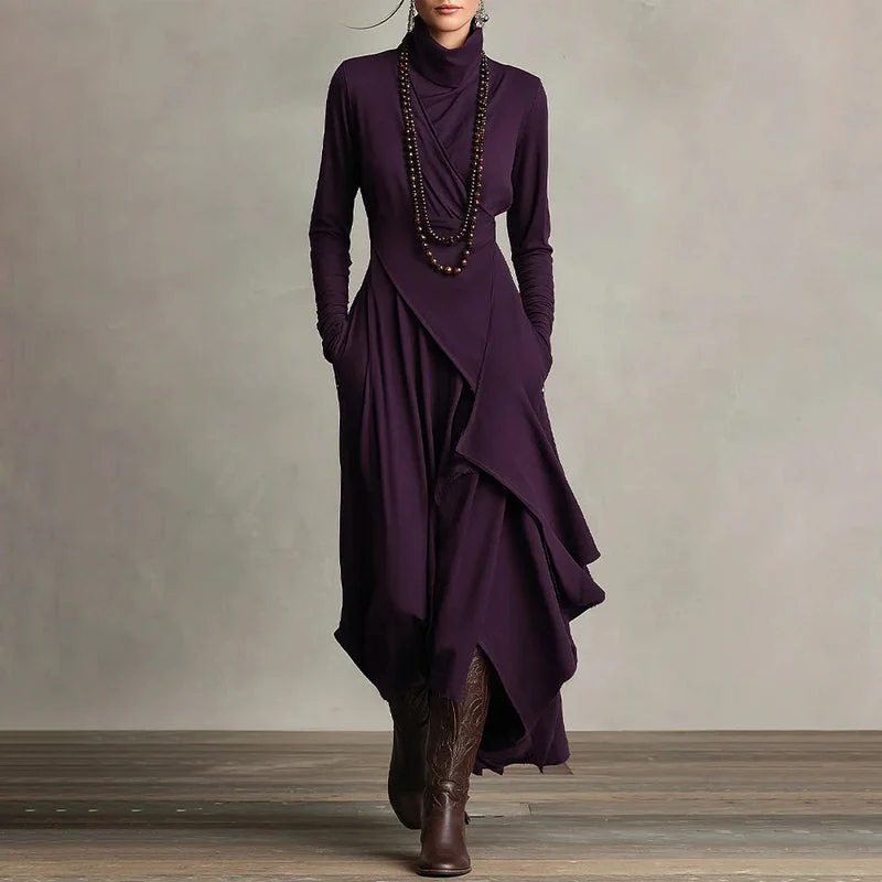 🎅🏻🎉Women's Elegant High-Neck Asymmetrical Draped Maxi Dress - Image 11