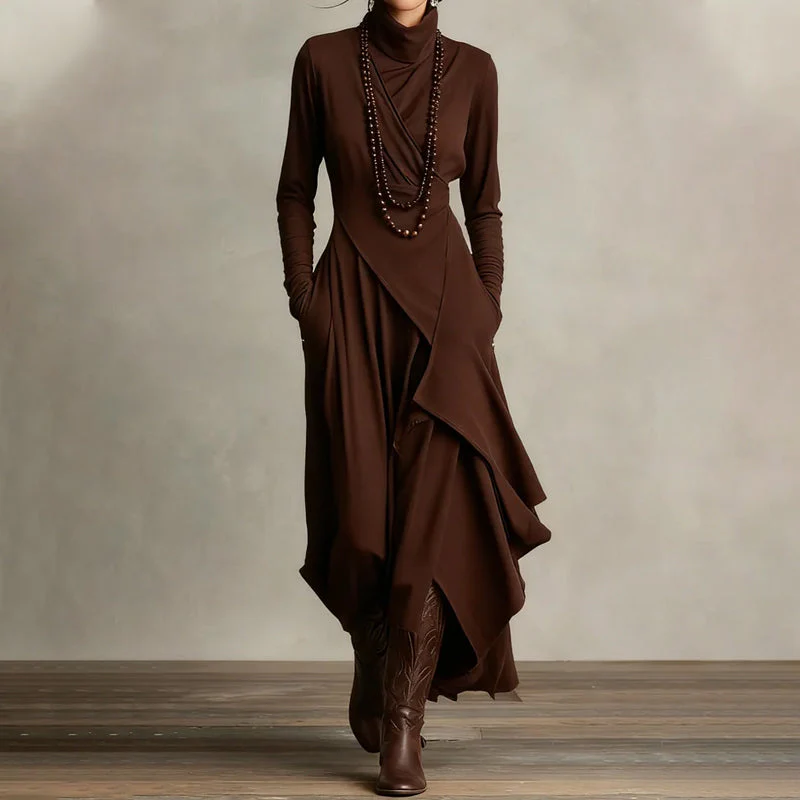 🎅🏻🎉Women's Elegant High-Neck Asymmetrical Draped Maxi Dress - Image 12