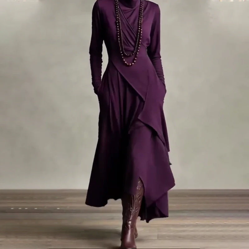 🎅🏻🎉Women's Elegant High-Neck Asymmetrical Draped Maxi Dress - Image 4