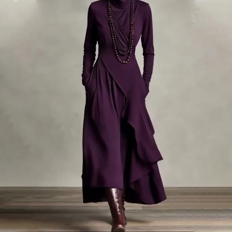 🎅🏻🎉Women's Elegant High-Neck Asymmetrical Draped Maxi Dress - Image 5