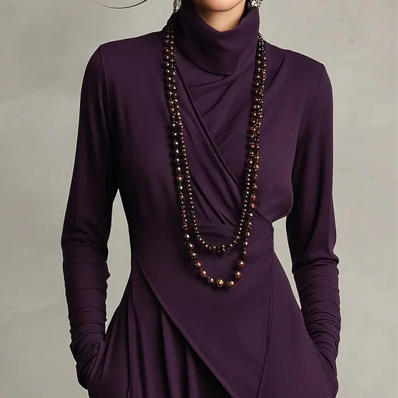 🎅🏻🎉Women's Elegant High-Neck Asymmetrical Draped Maxi Dress - Image 6