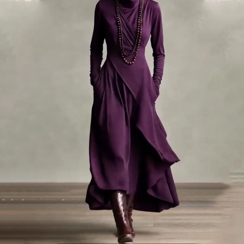 🎅🏻🎉Women's Elegant High-Neck Asymmetrical Draped Maxi Dress - Image 8
