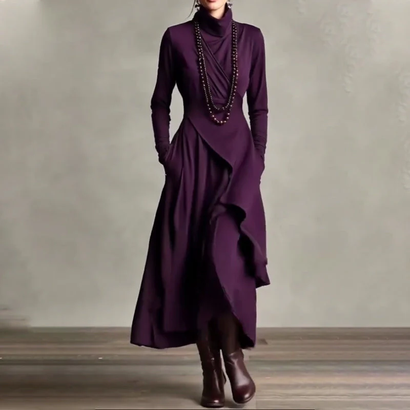 🎅🏻🎉Women's Elegant High-Neck Asymmetrical Draped Maxi Dress - Image 9