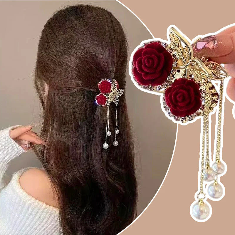 Elegant Velvet Rose Hair Clip with Pearls