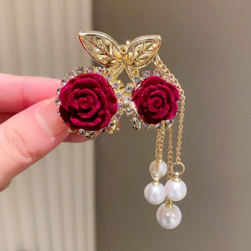 Elegant Velvet Rose Hair Clip with Pearls - Image 10