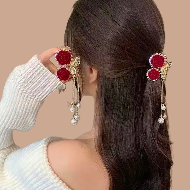 Elegant Velvet Rose Hair Clip with Pearls - Image 2
