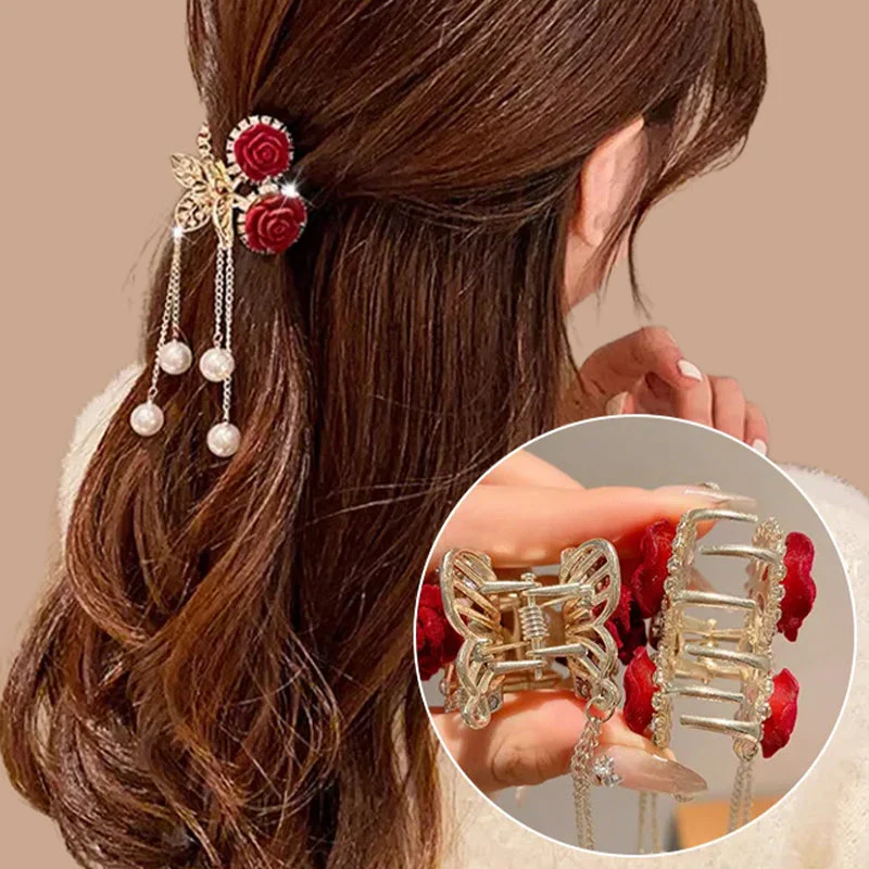 Elegant Velvet Rose Hair Clip with Pearls - Image 3
