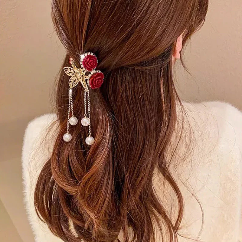 Elegant Velvet Rose Hair Clip with Pearls - Image 4