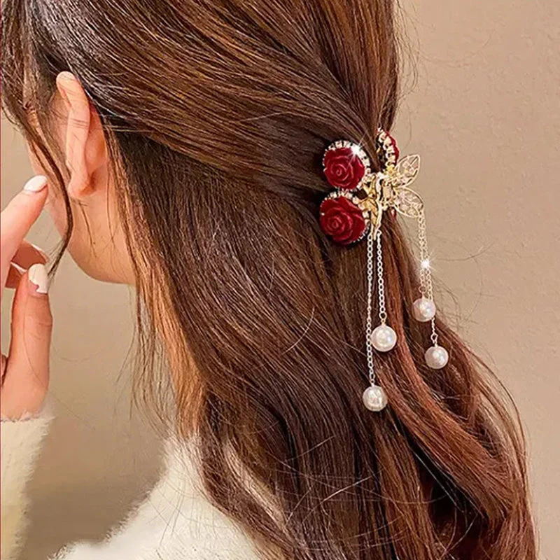 Elegant Velvet Rose Hair Clip with Pearls - Image 5
