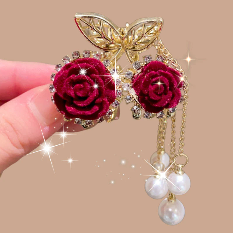 Elegant Velvet Rose Hair Clip with Pearls - Image 6
