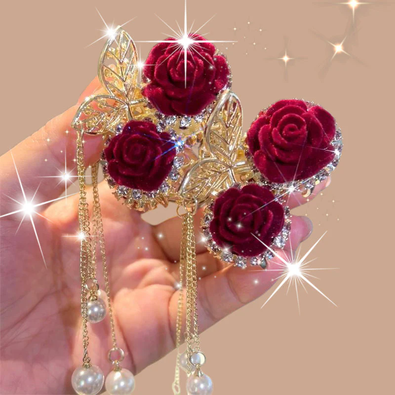 Elegant Velvet Rose Hair Clip with Pearls - Image 7