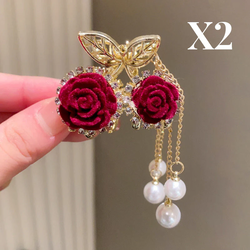 Elegant Velvet Rose Hair Clip with Pearls - Image 9