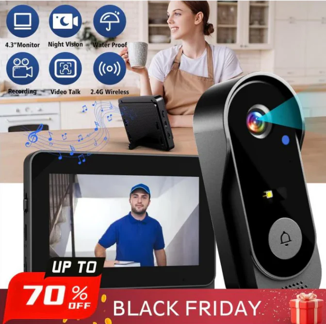 🔥New Year's Special Offer 40%OFF🎉Wireless doorbell camera: 1080P, 170° angle, 4.3-inch screen, IPX65 outdoor waterproof, night vision
