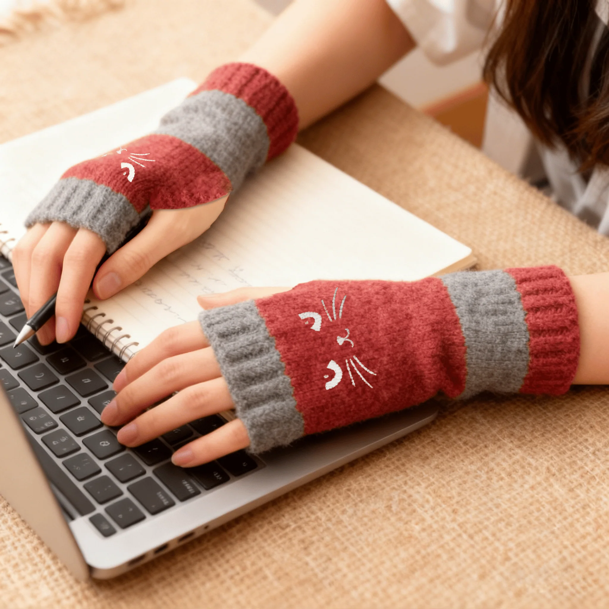 ⚡Christmas Gift idea ￡8.99!! 🔥Warm and Cuddly🧤Women's Knitted Fingerless Gloves with Cute Cat Pattern🐱 - Image 2