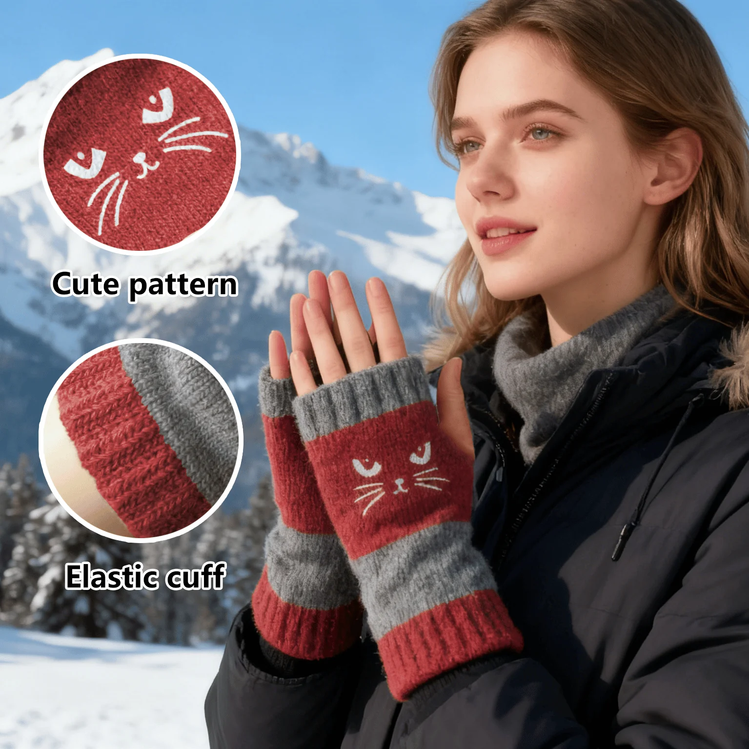 ⚡Christmas Gift idea ￡8.99!! 🔥Warm and Cuddly🧤Women's Knitted Fingerless Gloves with Cute Cat Pattern🐱 - Image 3