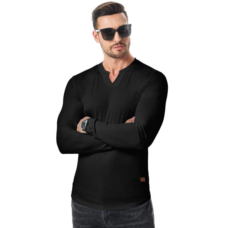 V-Neck Longline Ribbed Tees Shirts Long Sleeve Gym Workout Athletic Menswear Tops - Image 2