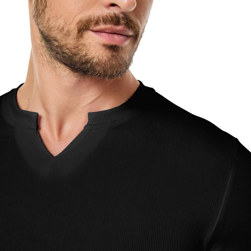 V-Neck Longline Ribbed Tees Shirts Long Sleeve Gym Workout Athletic Menswear Tops - Image 3