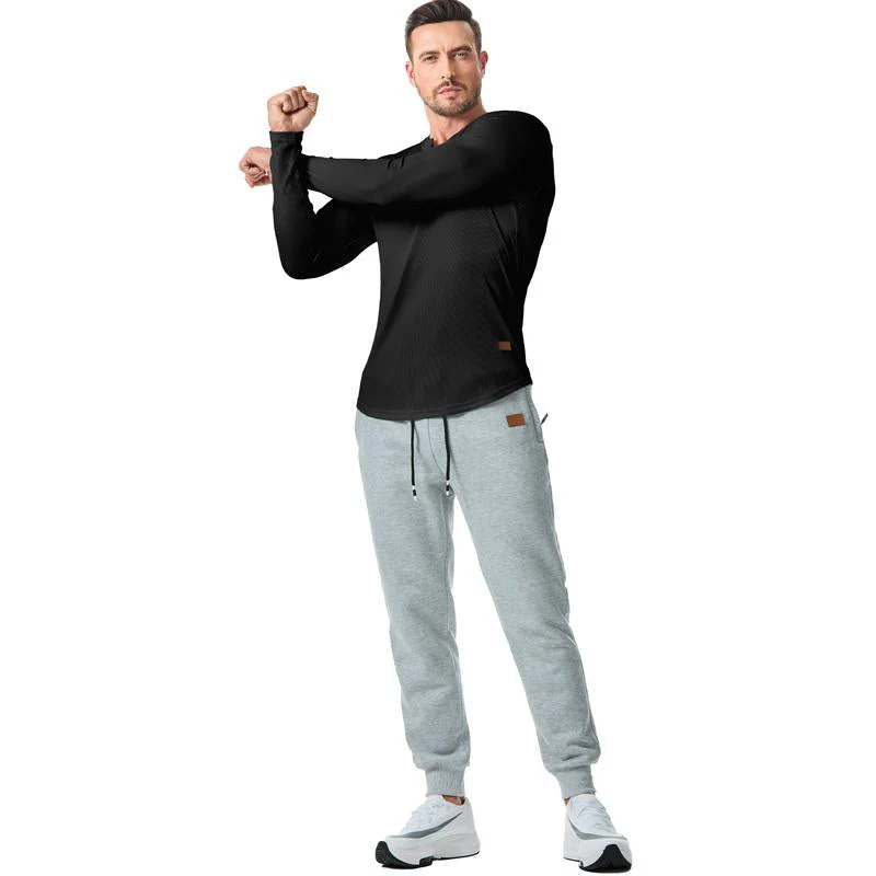 V-Neck Longline Ribbed Tees Shirts Long Sleeve Gym Workout Athletic Menswear Tops - Image 4