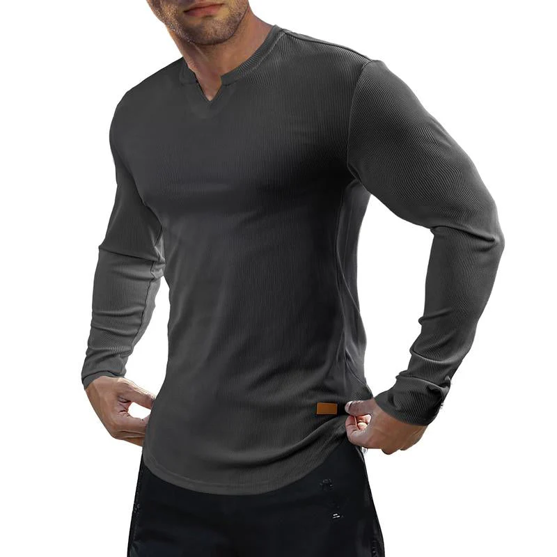 V-Neck Longline Ribbed Tees Shirts Long Sleeve Gym Workout Athletic Menswear Tops - Image 6
