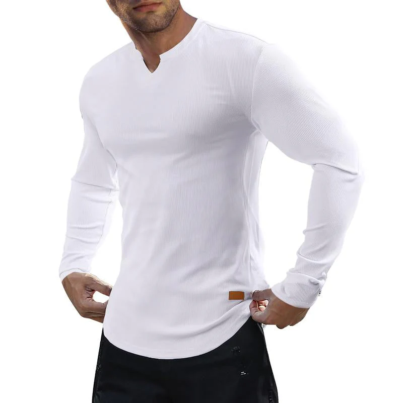 V-Neck Longline Ribbed Tees Shirts Long Sleeve Gym Workout Athletic Menswear Tops - Image 7