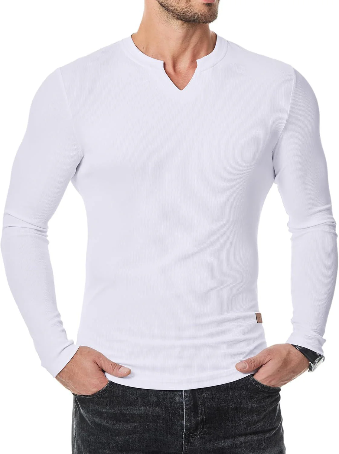 V-Neck Longline Ribbed Tees Shirts Long Sleeve Gym Workout Athletic Menswear Tops - Image 8