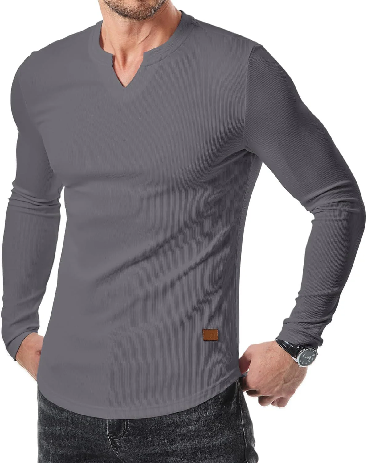 V-Neck Longline Ribbed Tees Shirts Long Sleeve Gym Workout Athletic Menswear Tops - Image 9