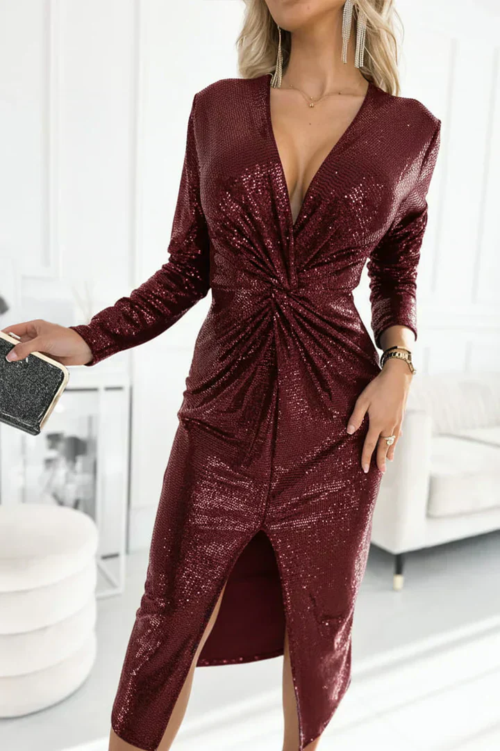 🎅Christmas Sale 60% OFF🎁Women V-neck Pleated Sequined Slit Elegant Temperament Evening Party Dress - Image 4