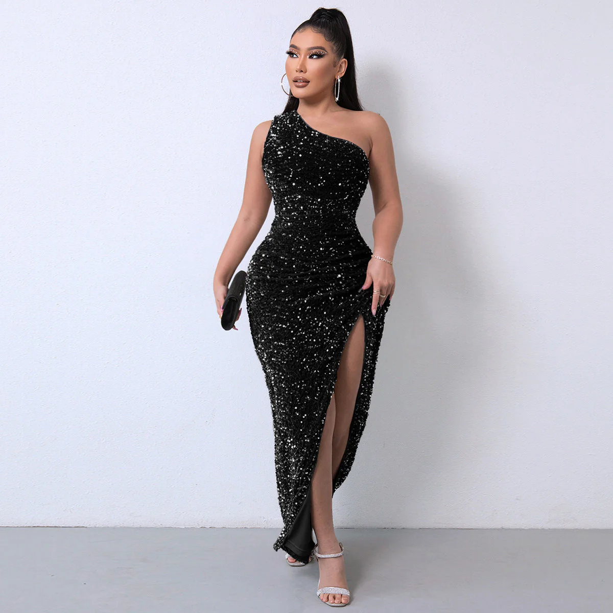 💃40% OFF!!💋Women's Glitter Sequins One Shoulder Ruched Split Thigh Bodycon Dress - Image 3