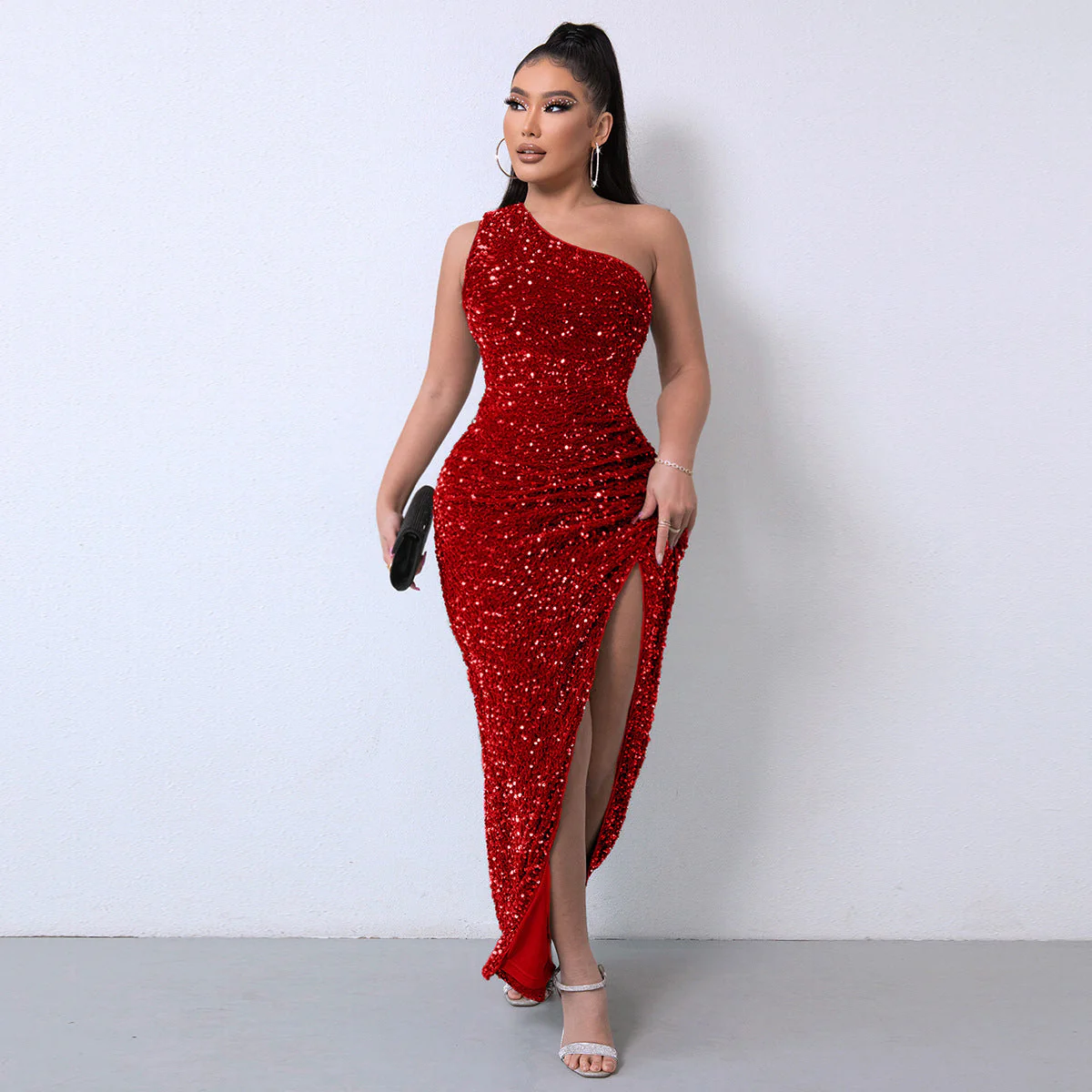 💃40% OFF!!💋Women's Glitter Sequins One Shoulder Ruched Split Thigh Bodycon Dress - Image 4