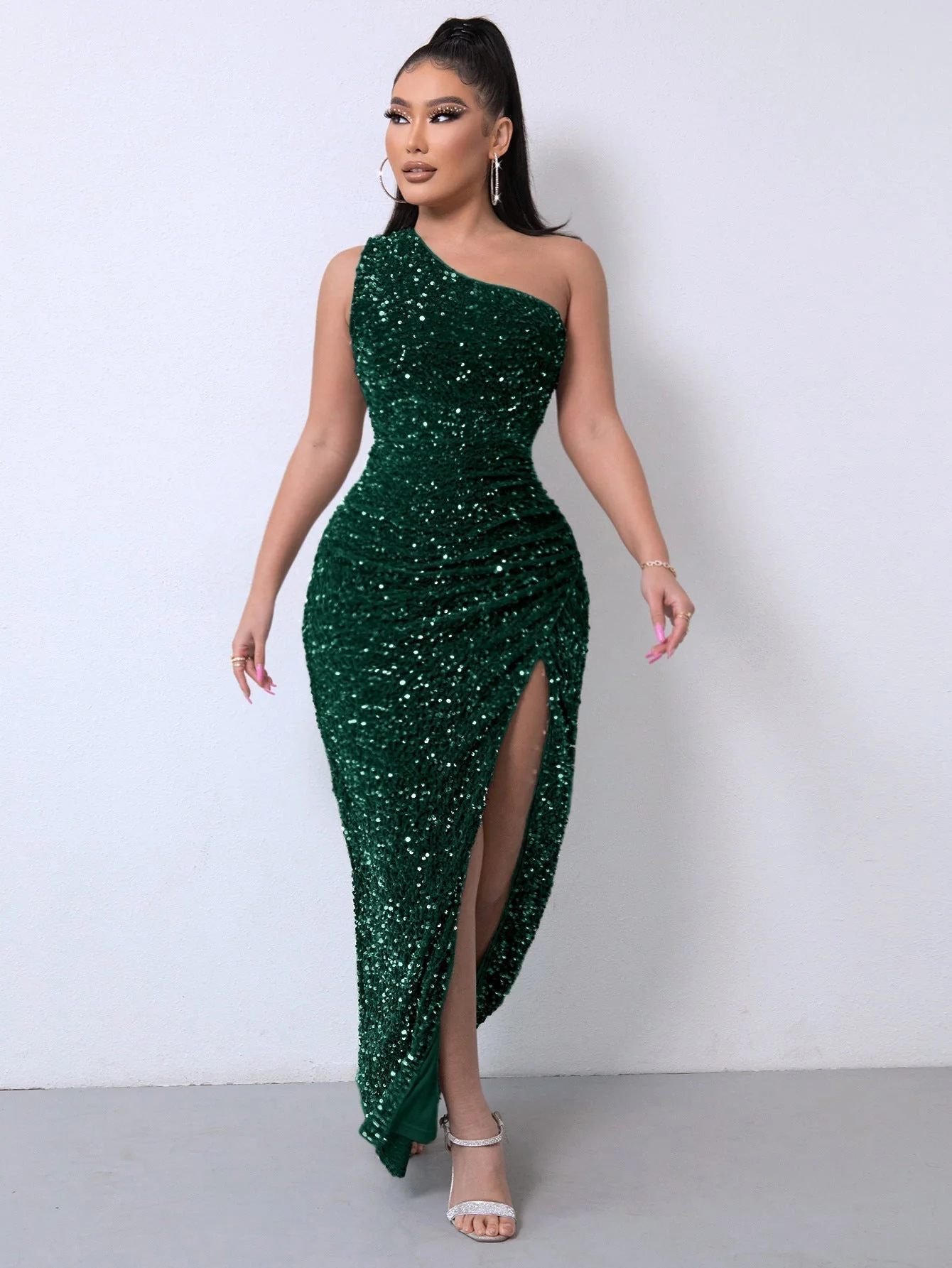 💃40% OFF!!💋Women's Glitter Sequins One Shoulder Ruched Split Thigh Bodycon Dress - Image 6