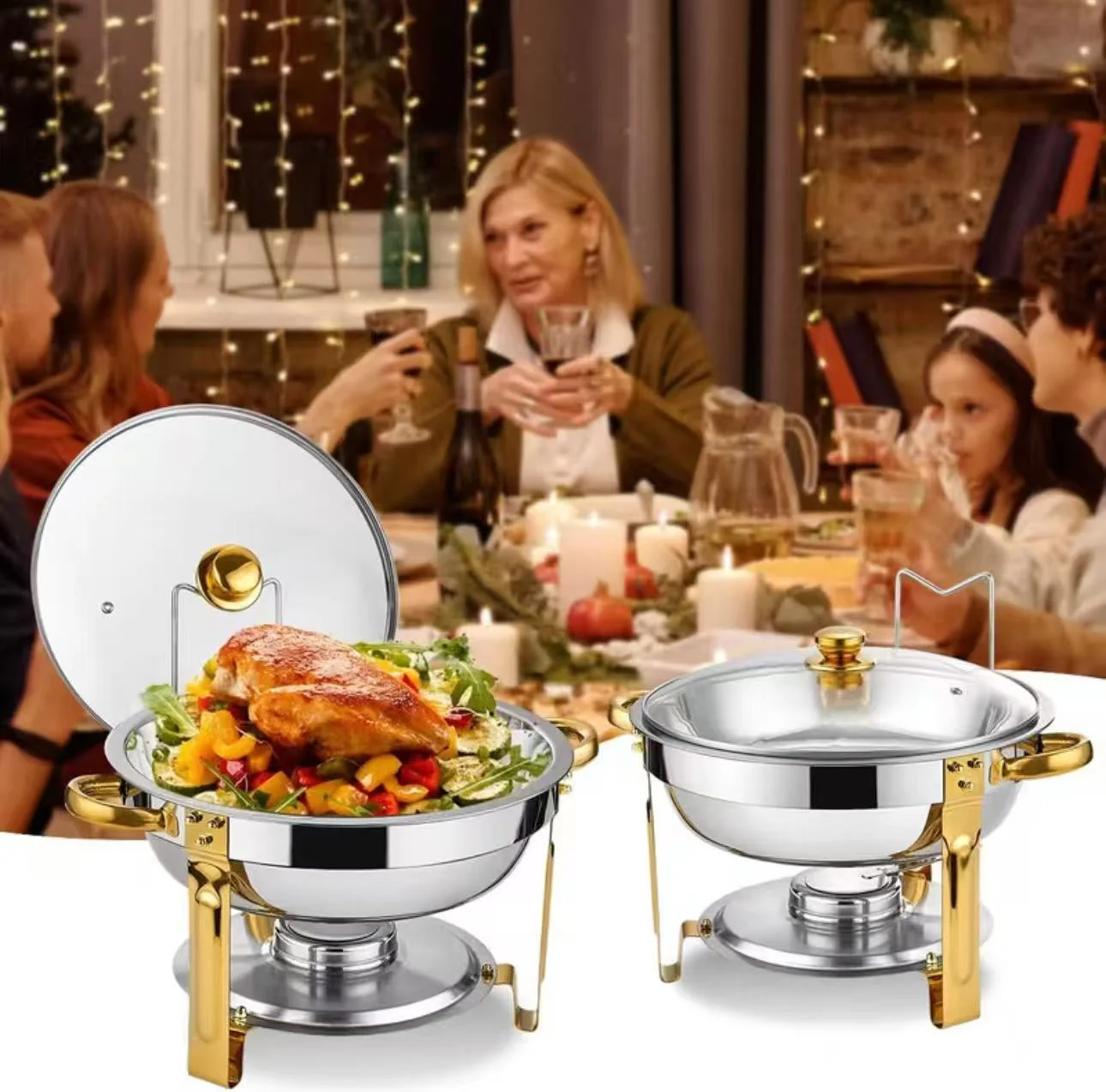 🧑🍳The same as in a five-star buffet restaurant🍽️Stainless Steel Chafing Dish Buffet Set 5QT with Fuel Can Rack, Gold Food Warmer for Parties - Image 2