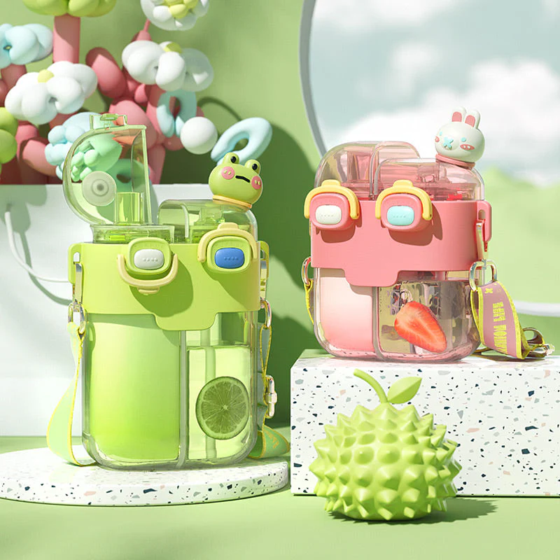 Cute Dual Drink Water Bottle with Straw and Shoulder Strap (30% OFF) - Image 2