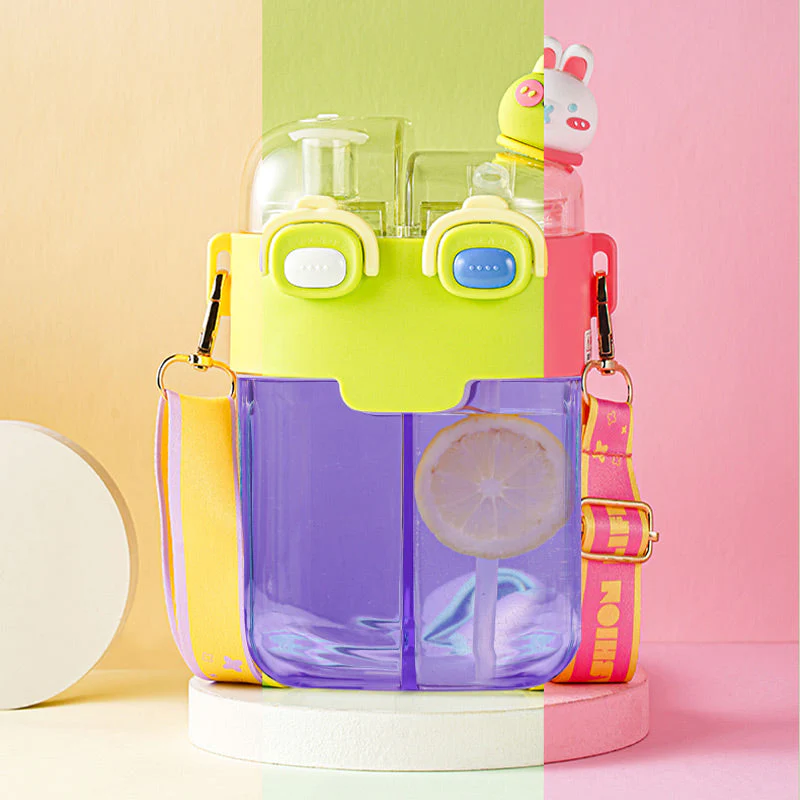 Cute Dual Drink Water Bottle with Straw and Shoulder Strap (30% OFF) - Image 3