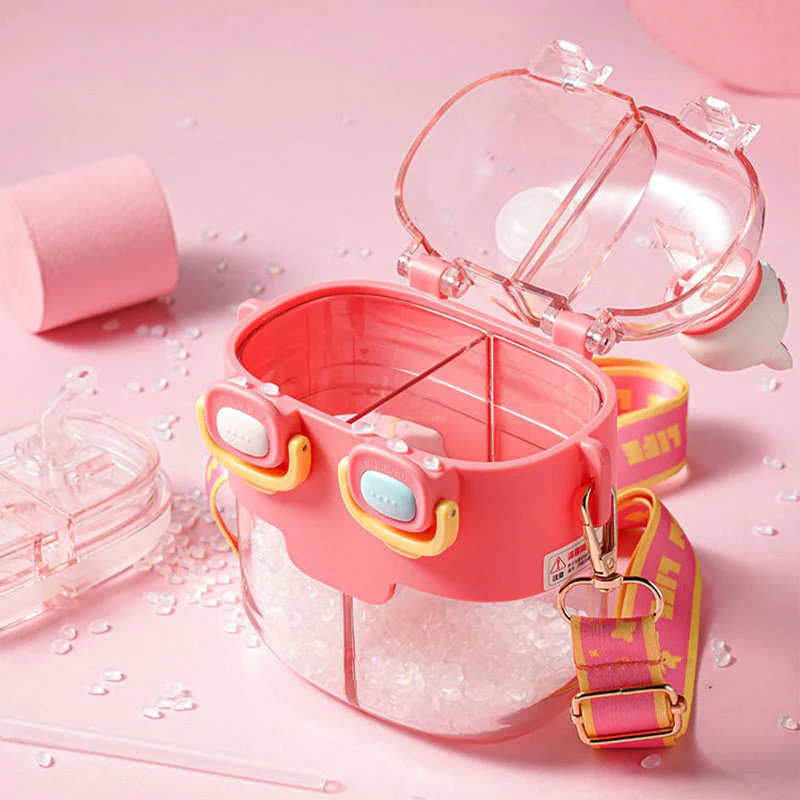 Cute Dual Drink Water Bottle with Straw and Shoulder Strap (30% OFF) - Image 4