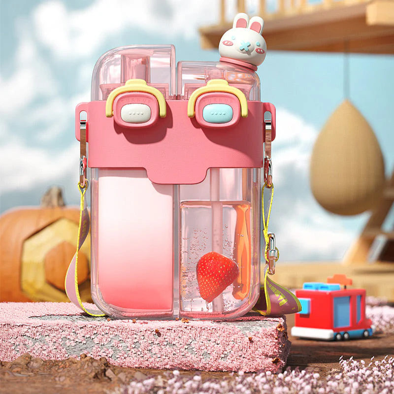 Cute Dual Drink Water Bottle with Straw and Shoulder Strap (30% OFF) - Image 5