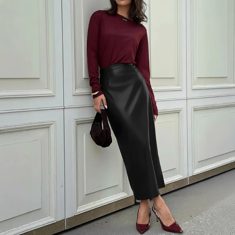 💃2026 New Arrivals - 40% Off!💕Women’s Fitted Ruched Slit Faux Leather Skirt - Image 3
