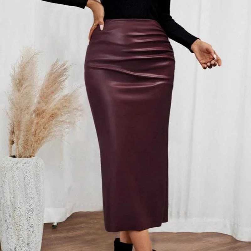 💃2026 New Arrivals - 40% Off!💕Women’s Fitted Ruched Slit Faux Leather Skirt - Image 8